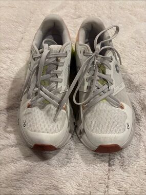 On Running Womens White Sneakers with Coral Accents